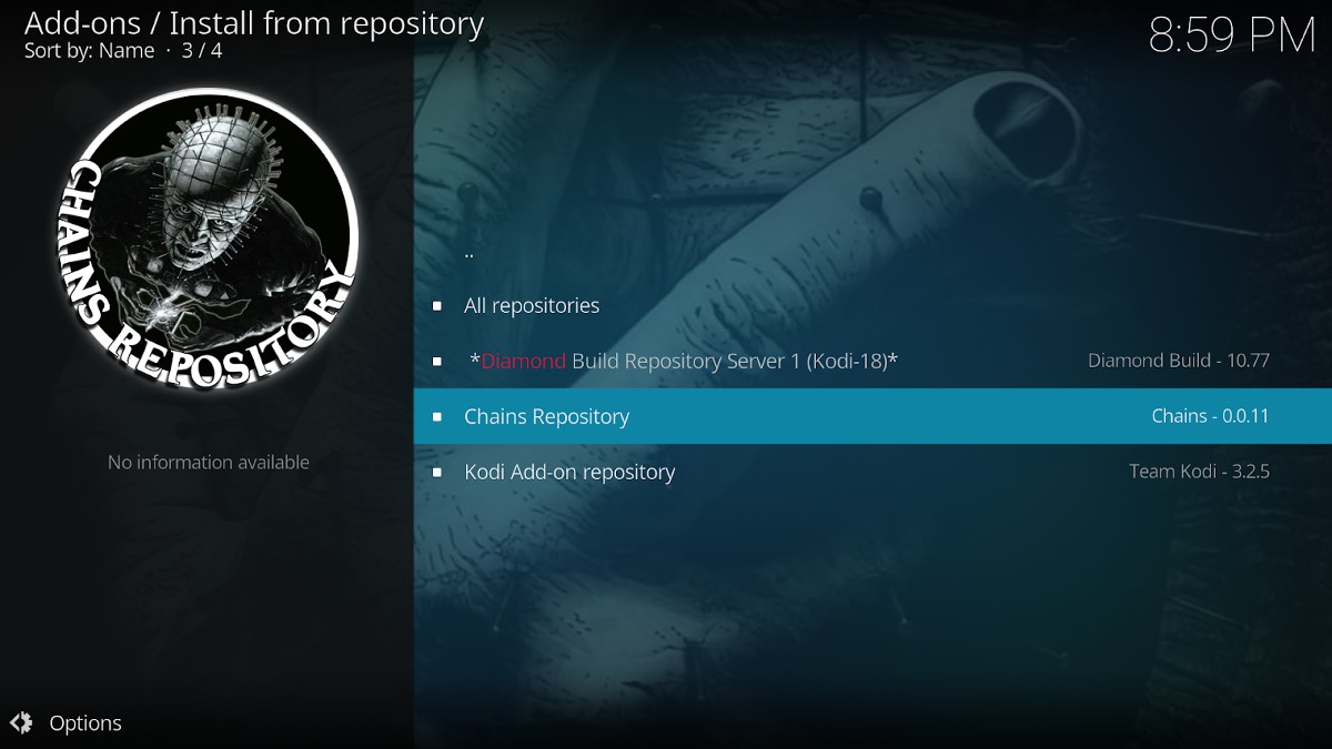 Kodi Install from repository browser click Chains Repository