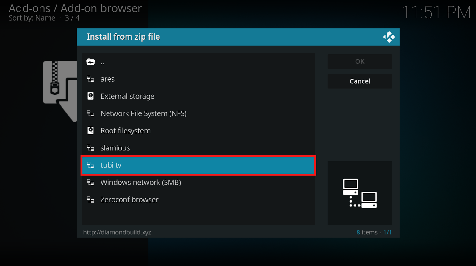 Kodi Install from zip file, list of sources screen. Select Tubi TV