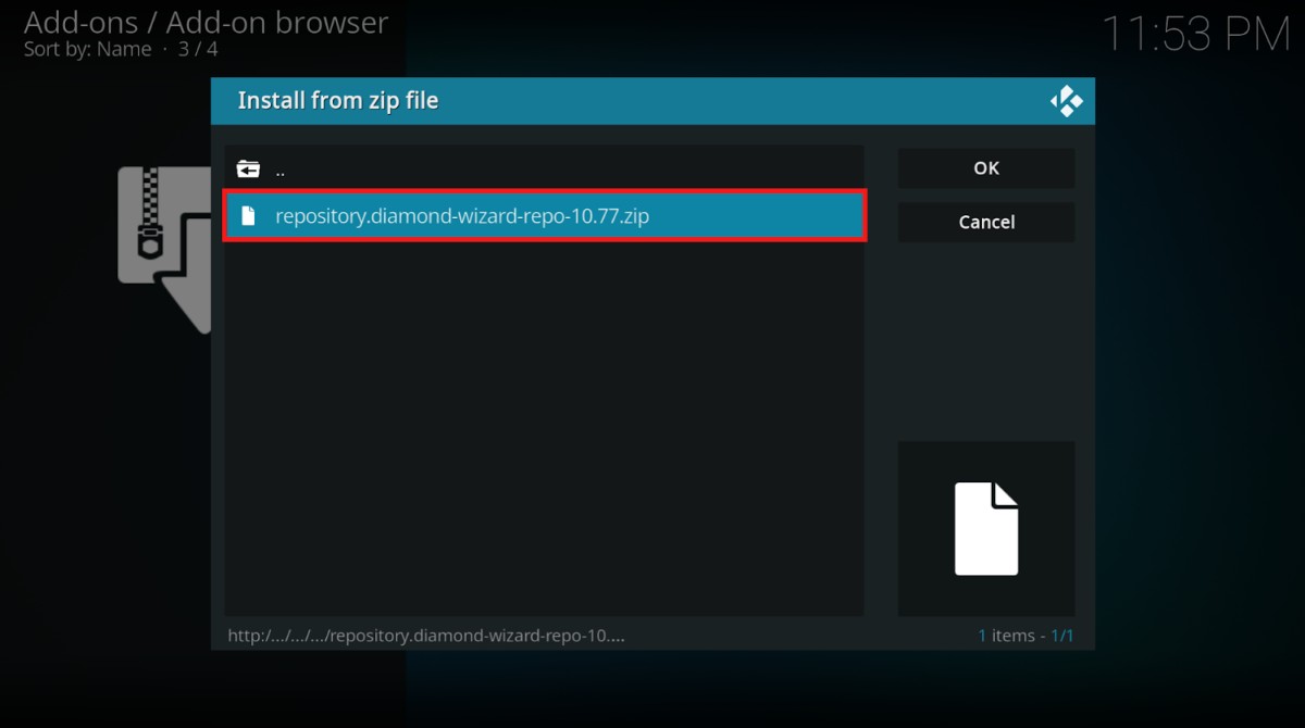 Kodi Install from zip file screen. Select Repository.diamond-wizard