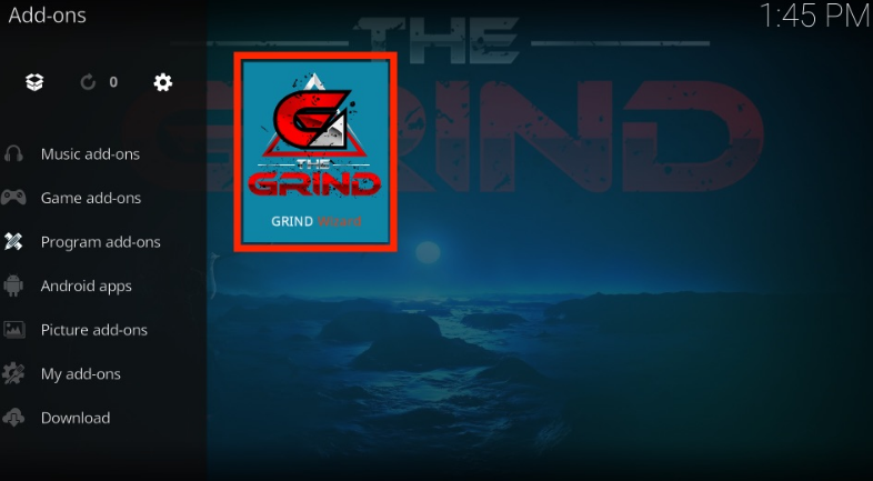 Kodi Program Add-ons window Open the Grind Wizard