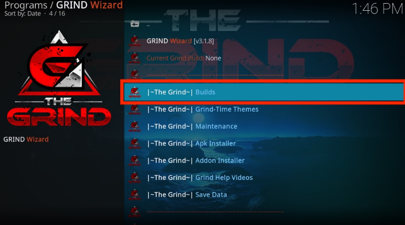 Kodi Program Grind Wizard window, Click on Grind Builds