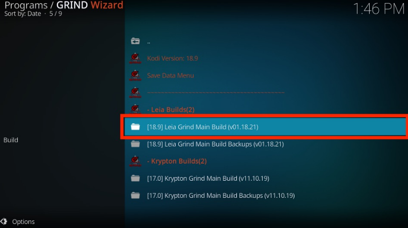 Kodi Program Grind Wizard window, choose any Builds