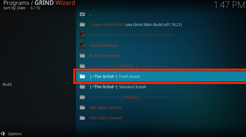 Kodi Program Grind Wizard window, choose install Builds