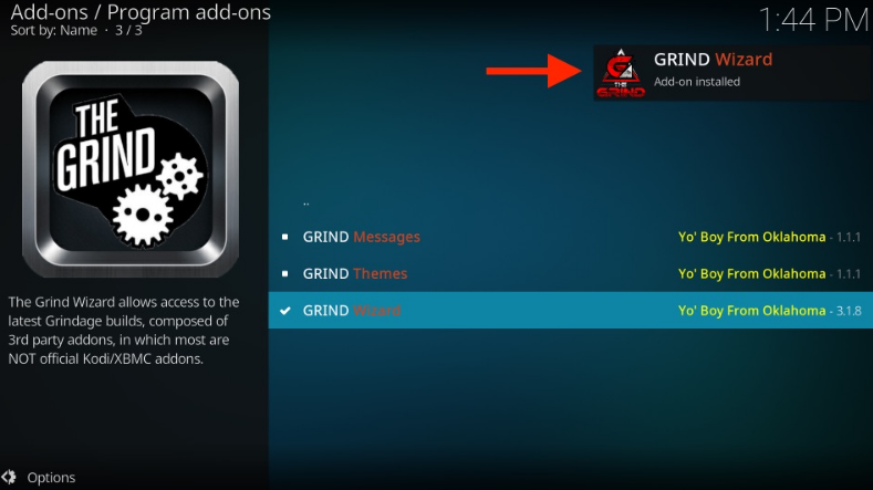 Kodi Program add-ons Grind Wizard installed popup