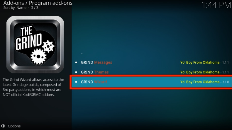 Kodi Program add-ons Grind Wizard selected