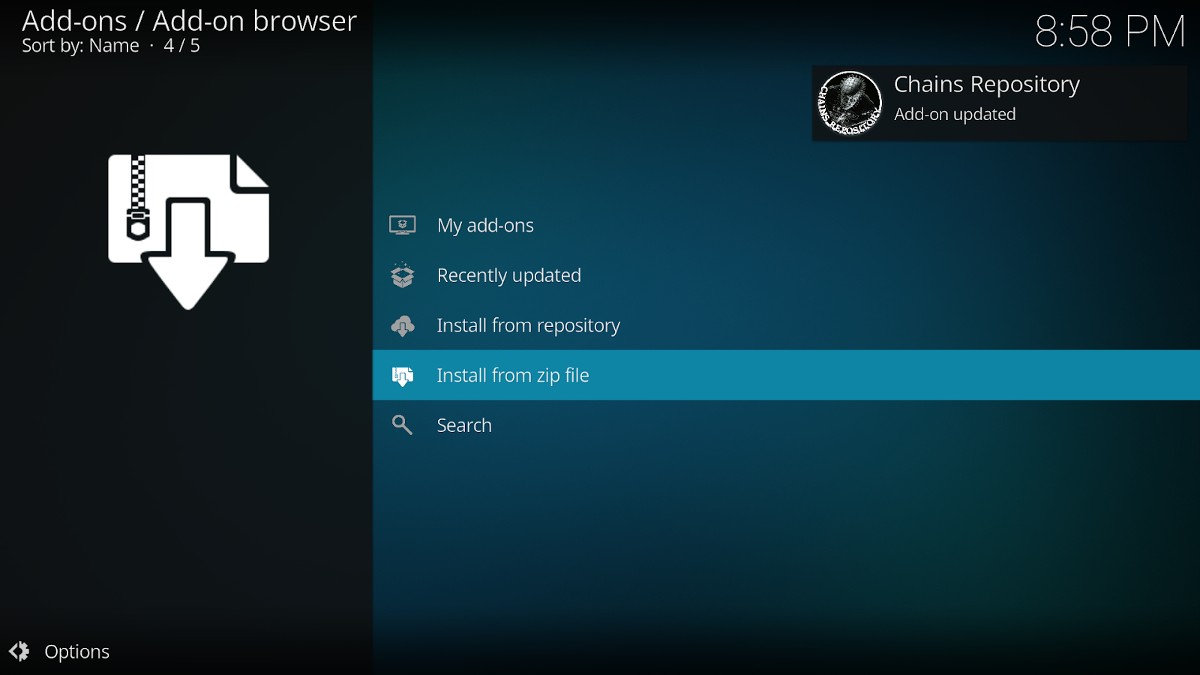 Kodi browser repository ChainsRepo Add-ons updated, click Install from zip file