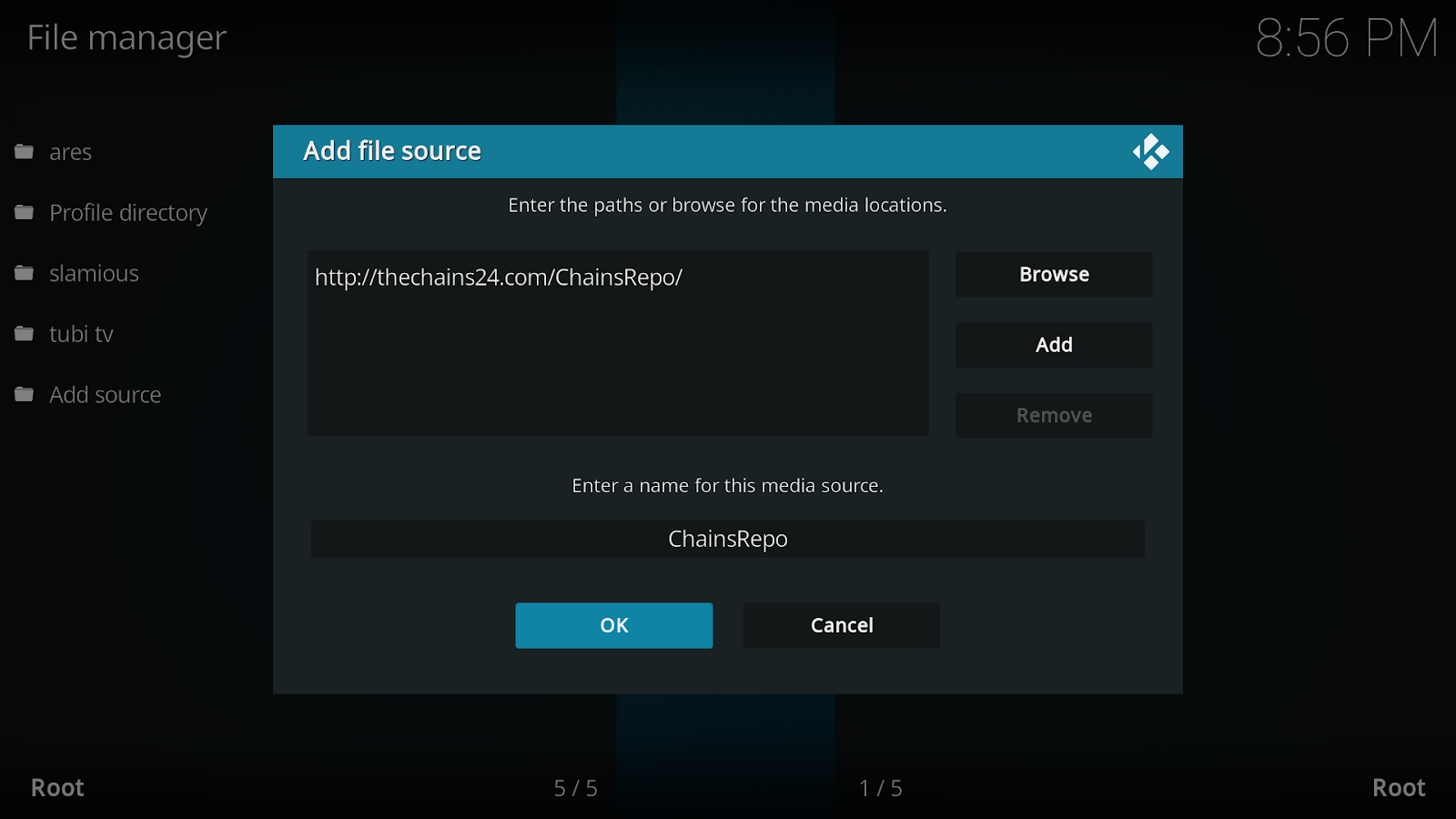 Kodi file manager Add file source the name ChainsRepo