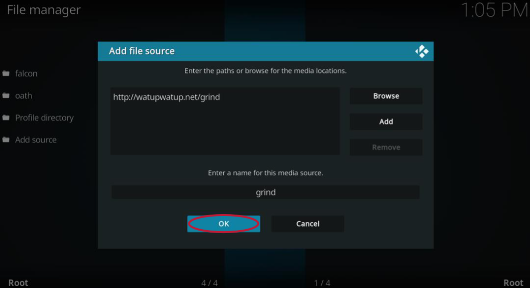 Kodi file manager, Add file source type URL for Grind Kodi Build and hit OK