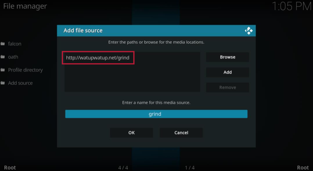 Kodi file manager, Add file source type URL for Grind Kodi Build