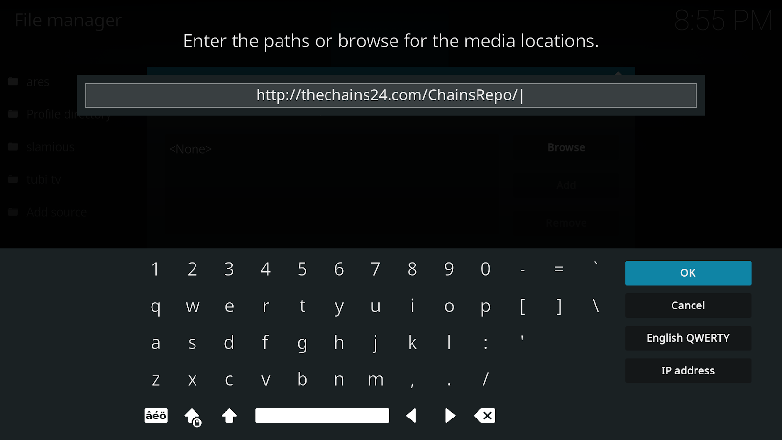 Kodi file manager keypad type ChainsRepo