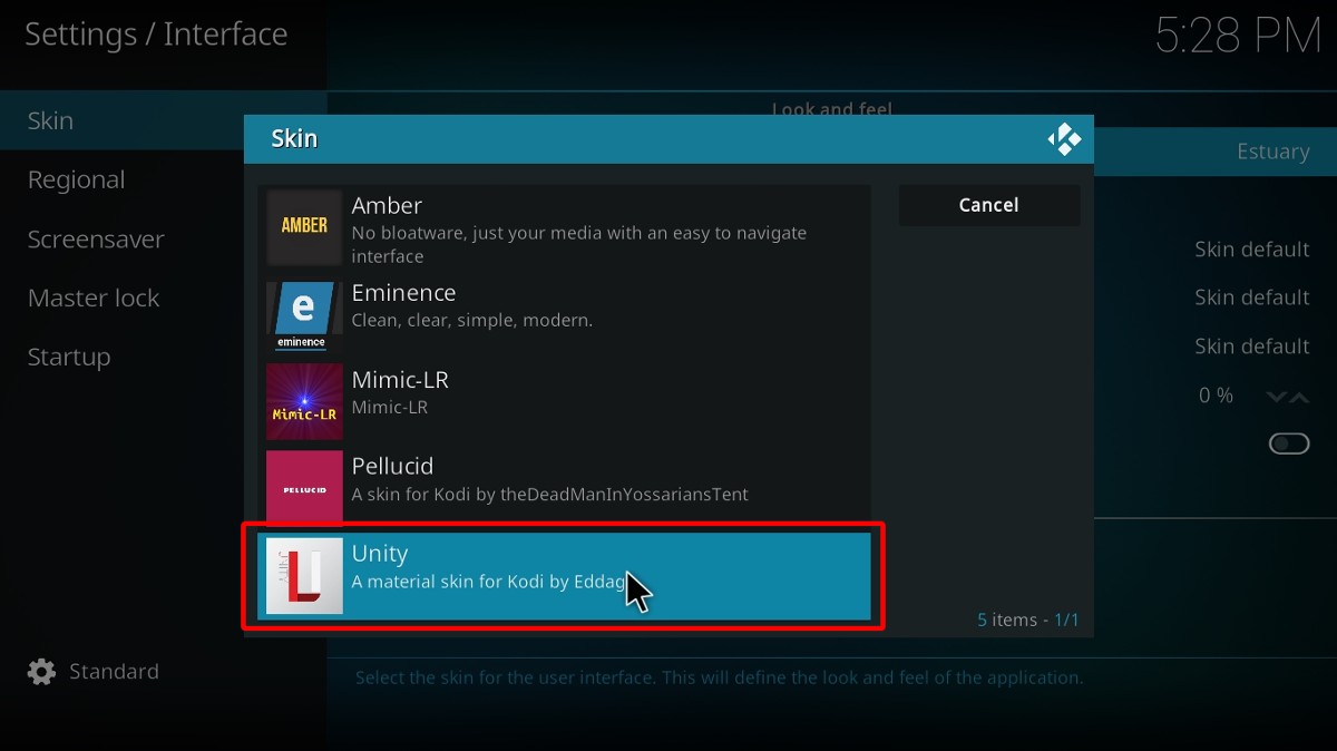 Kodi settings interface, skin tab, Unity highlighted