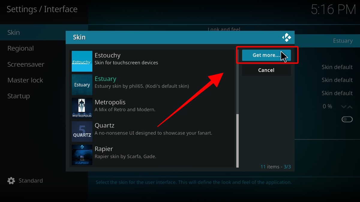 Kodi settings interface, skin tab, get more highlighted