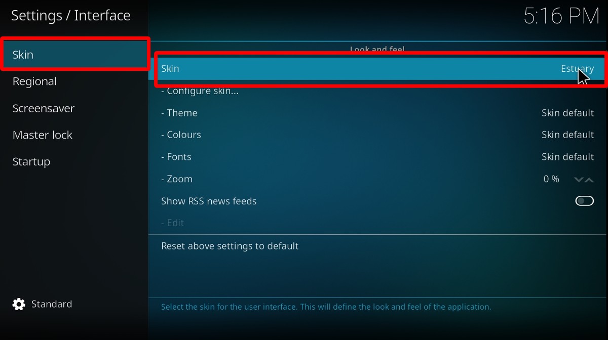 Kodi settings interface, skin tab, skin highlighted