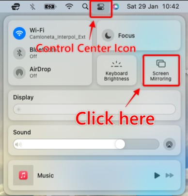 Mac screen the Control Center icon and Screen Mirroring selected