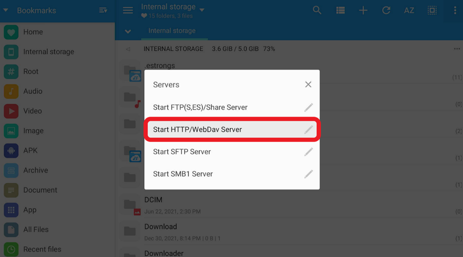 MiXplorer app Select 'Start HTTP WebDav Server'