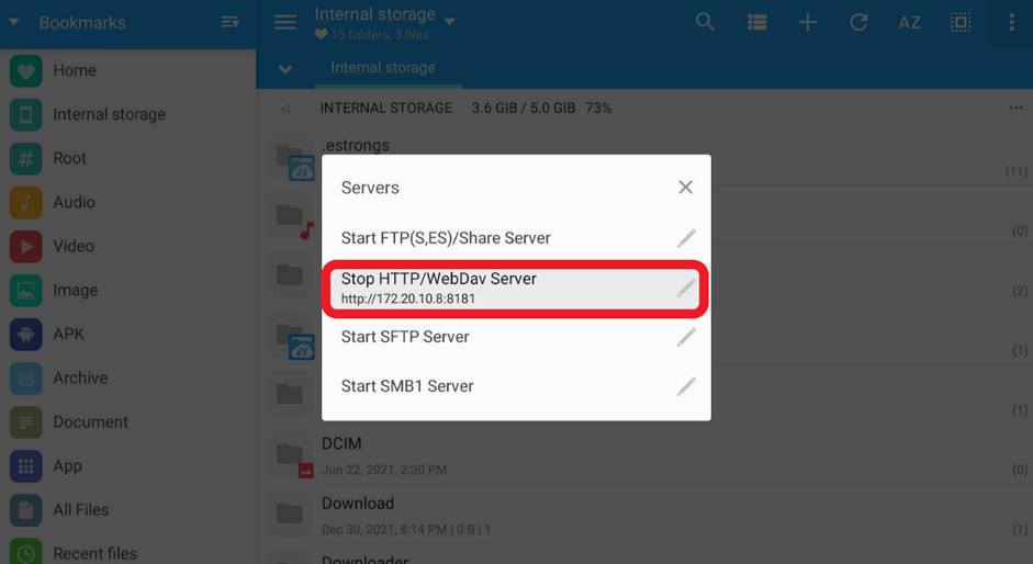 MiXplorer app Select Stop HTTP WebDav Server'