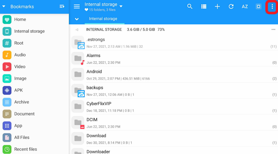 MiXplorer app click on the three vertically lined dots