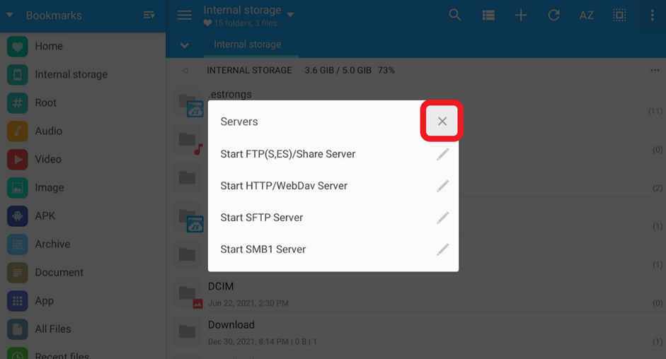 MiXplorer app clsoe the Servers prompt