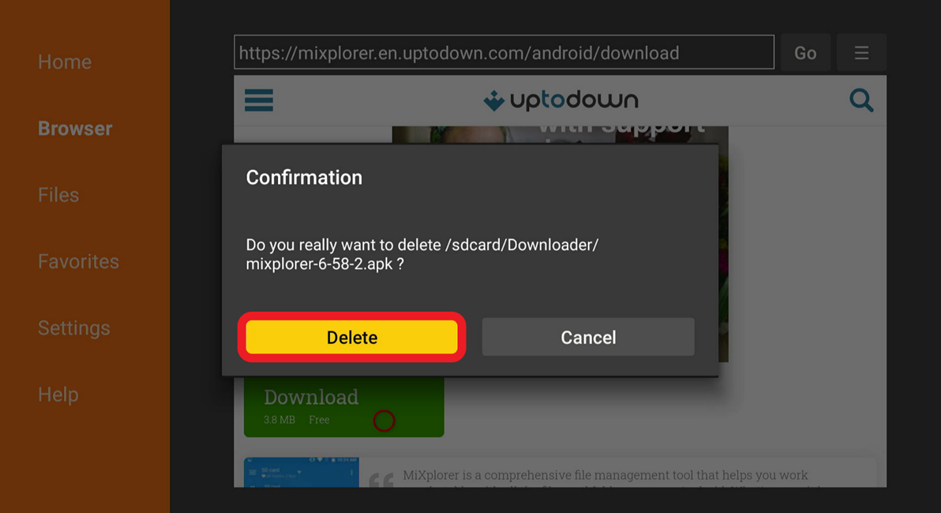 MiXplorer app delete APK files confirmation prompt