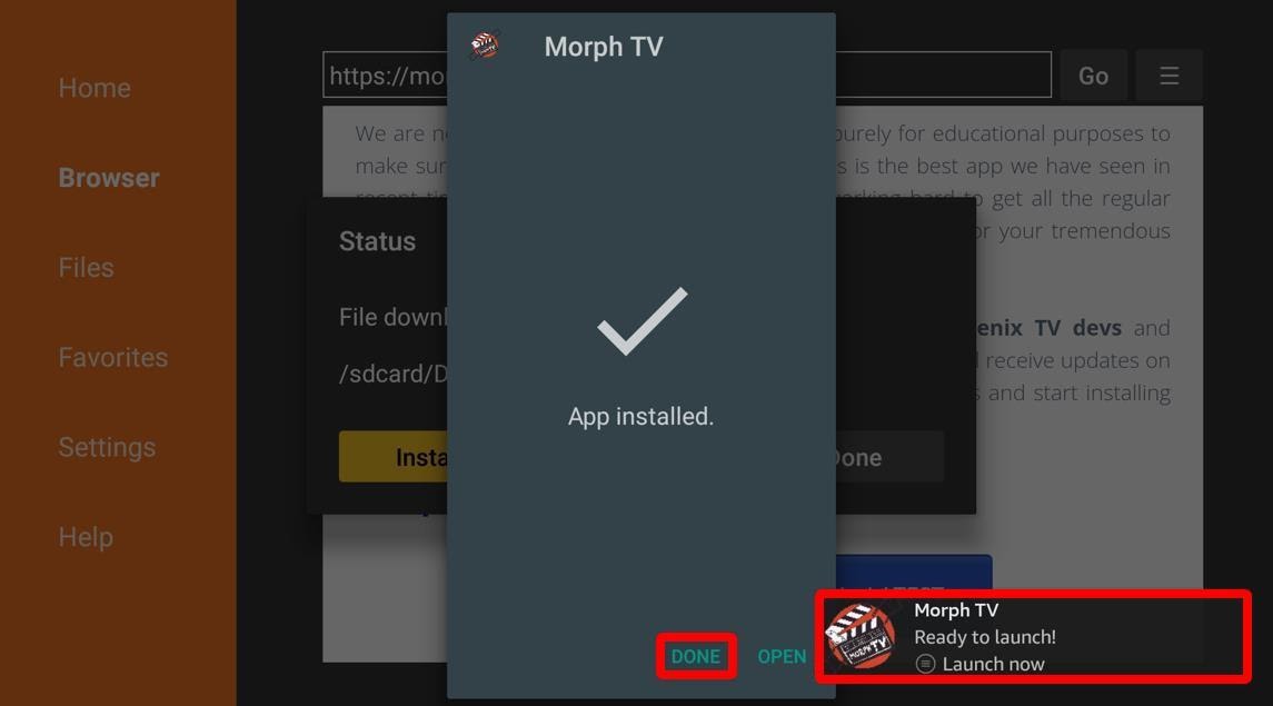 Morph TV Installed popup