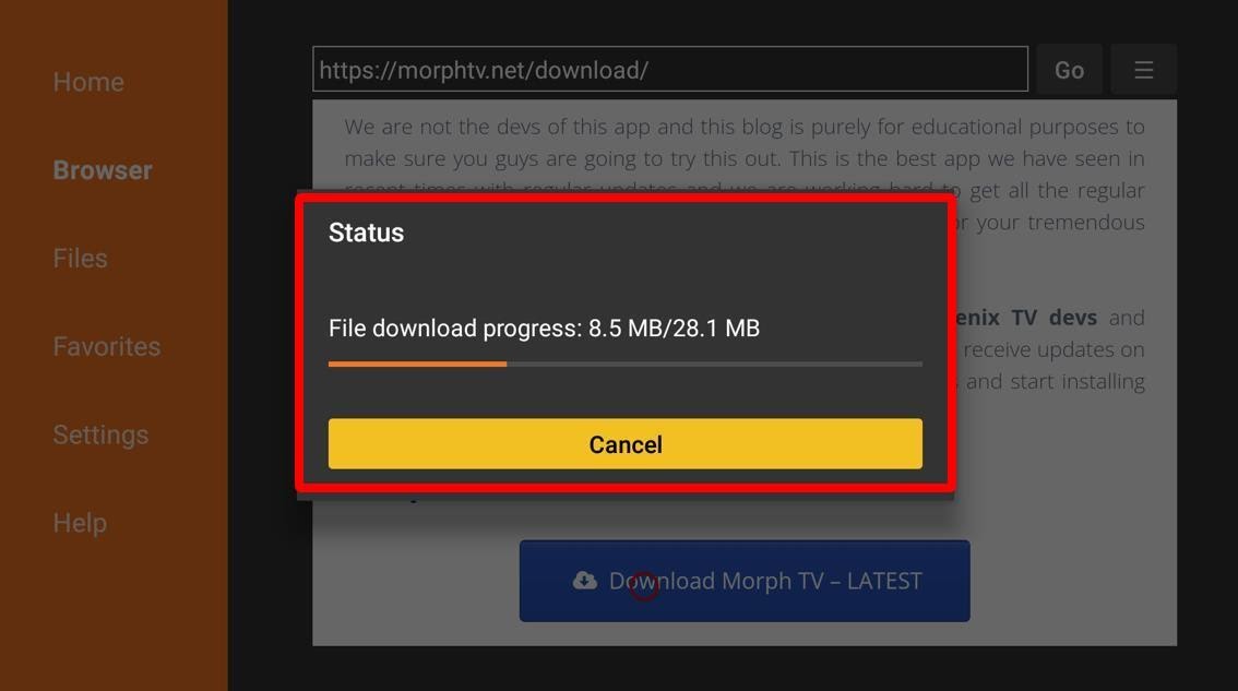 Morph TV download status on Downloader app