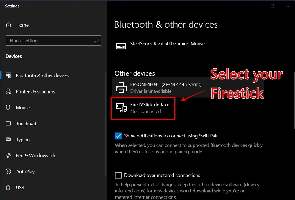 PC settings ‘Bluetooth & other devices’ menu, find Firestick device and select it