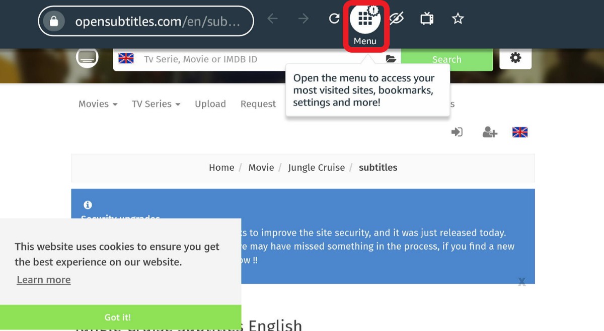 Silk Browser Menu option highlighted