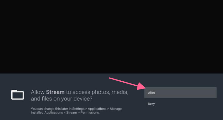 The Allow button being highlighted in the Stream permission dialog screen