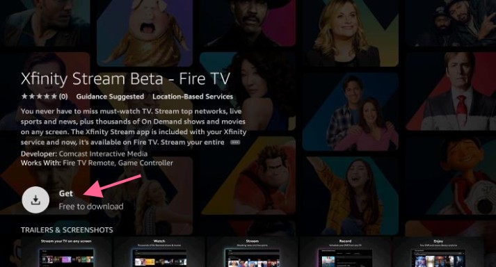 Xfinity Stream Beta - Fire TV, Get button highlighted