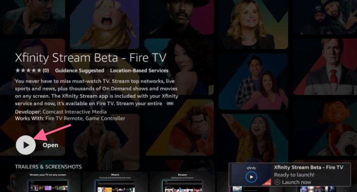 Xfinity Stream Beta - Fire TV, Open button highlighted