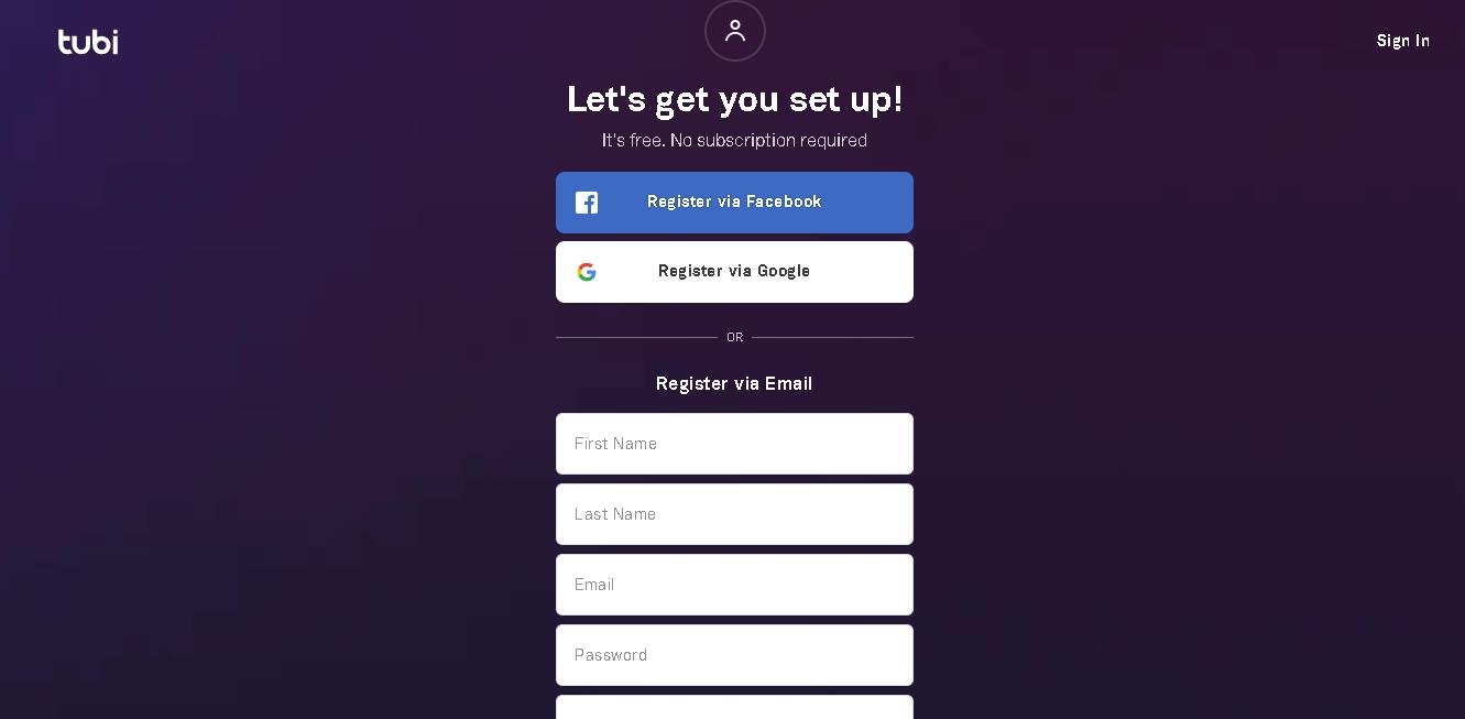 tubi sign up page