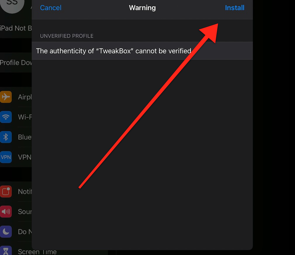 warning notification before Installing tweakbox