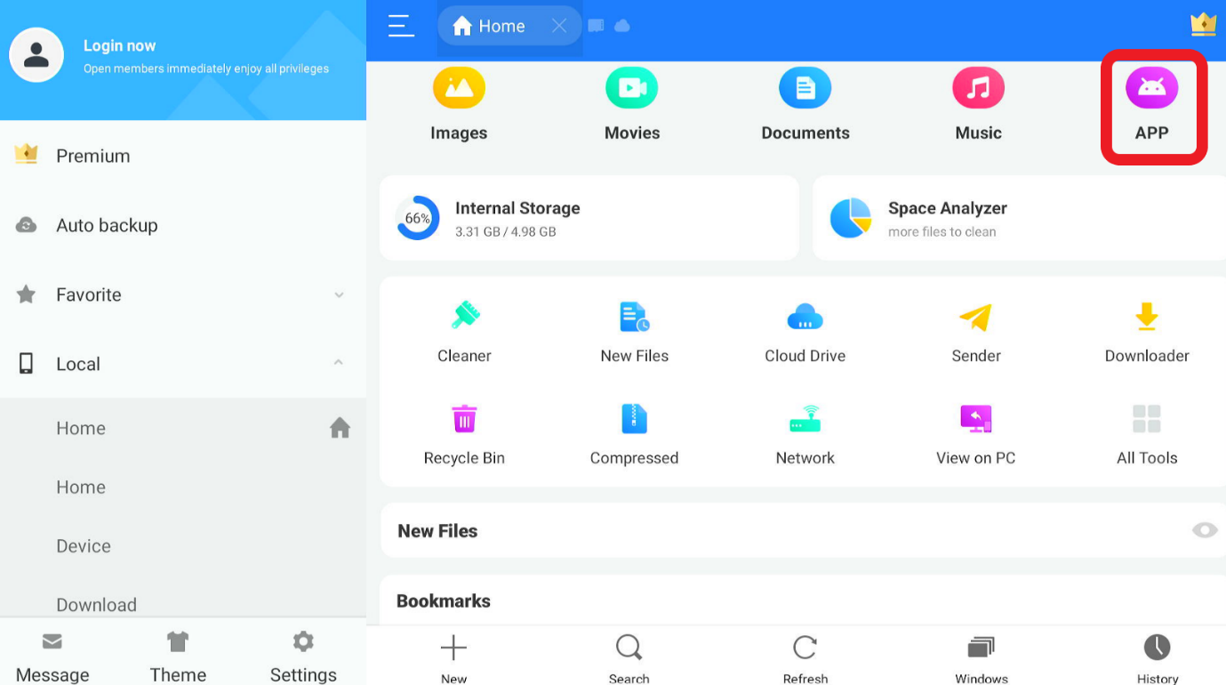 Click on the ‘App’ option from the main menu of ES File Explorer