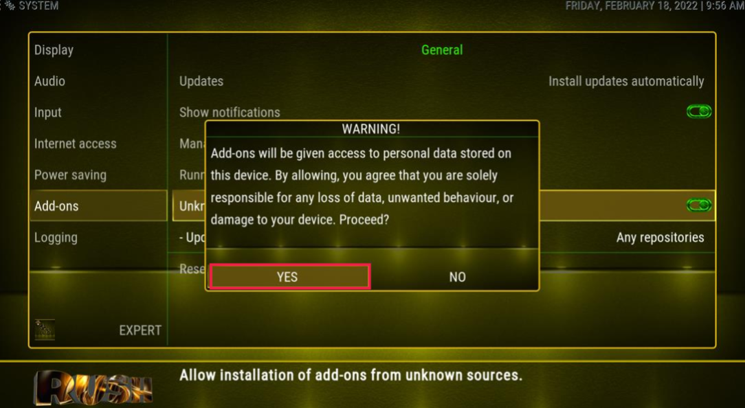 Click yes on warning message kodiverse