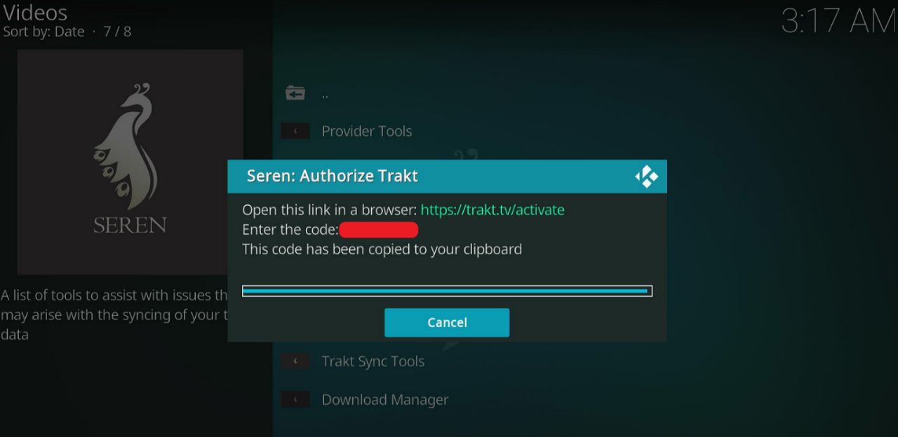 Code in Authorize Trakt seren