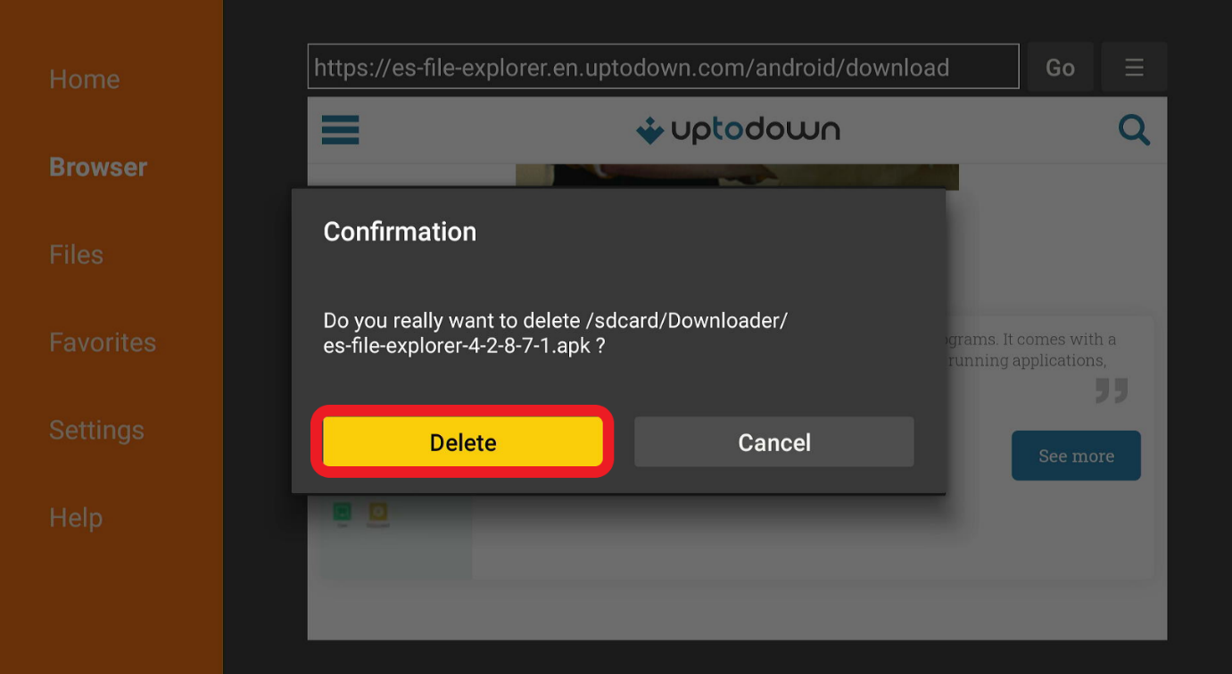 Downloader browser confirmation prompt to delete ES file explorer APK files