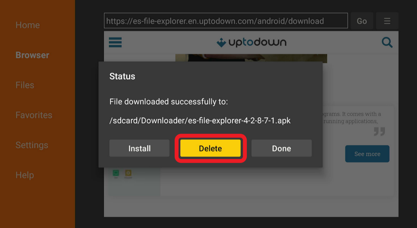 Downloader browser prompt to delete ES file explorer APK files