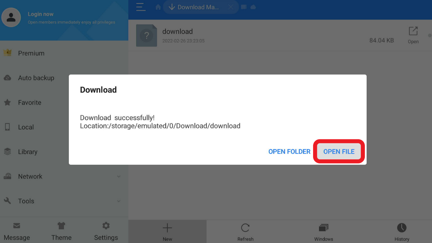 ES File Explorer download successfully prompt, Open highlighted