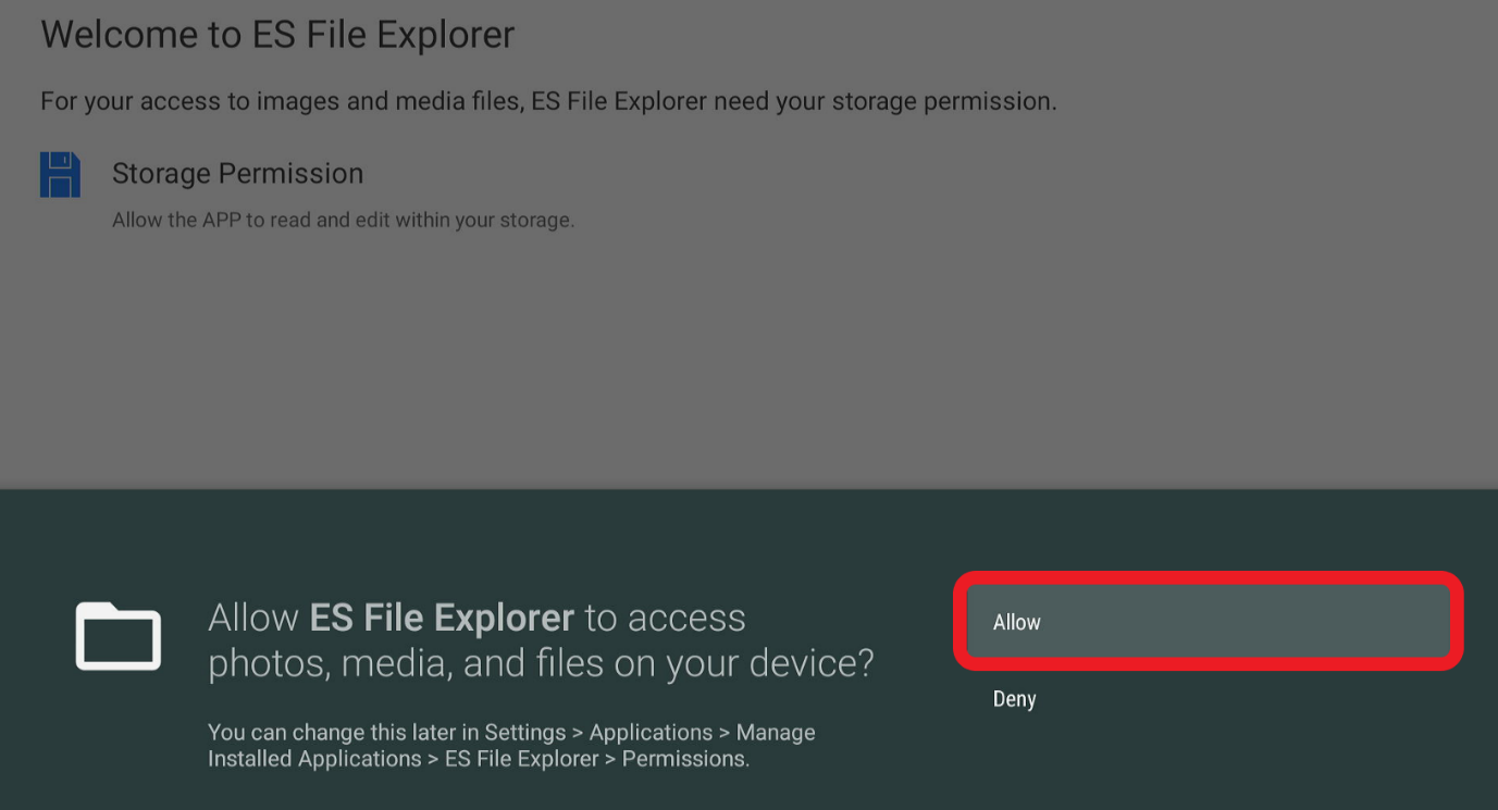 Es File Explorer window for Allow storage permission to photos media on your device