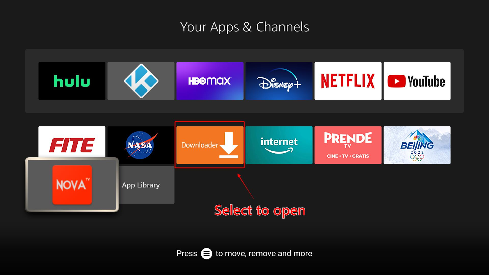 Firestick’s Apps & Channels tile menu with the Nova app highlighted