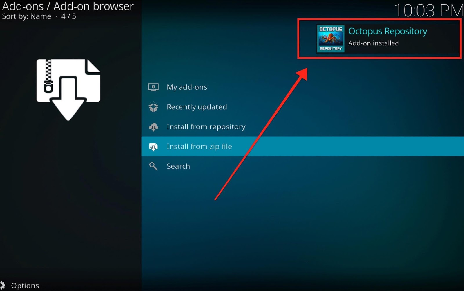 Kodi Addon browser, the notification Octopus Repository Addon Installed