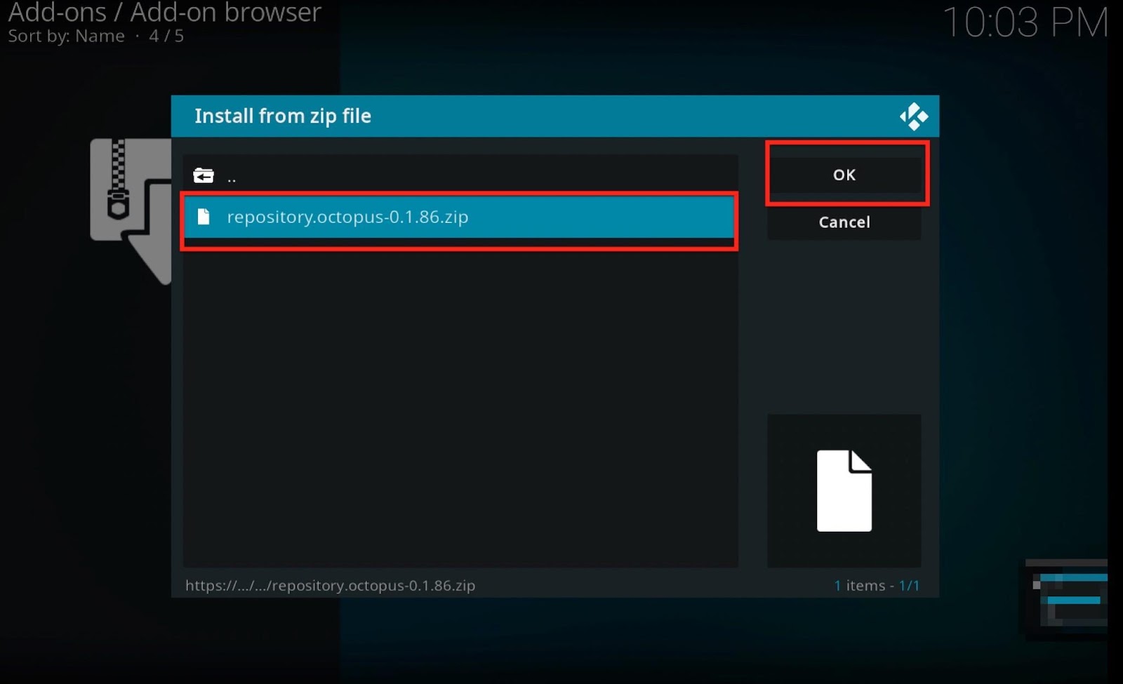 Kodi Addon browser, the repository.octopus file highlighted