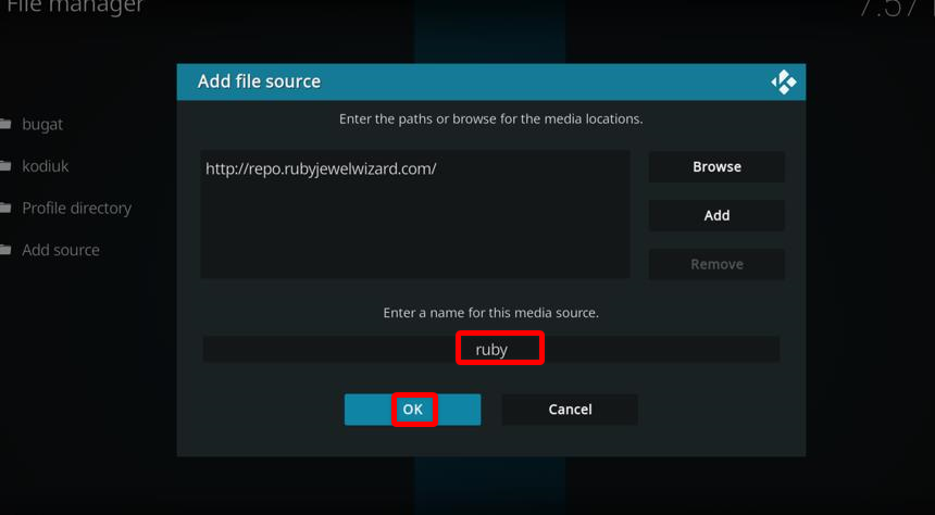 Kodi File manager, Add file source prompt to name the file source as Ruby