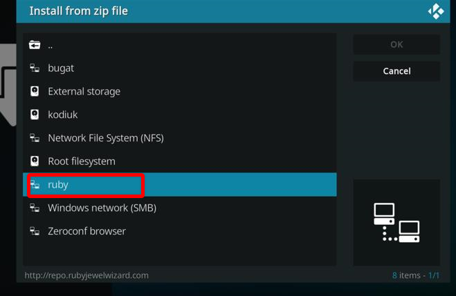 Kodi Install from zip file prompt, select ruby