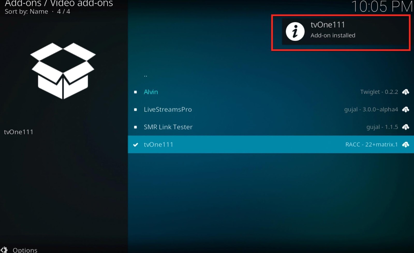 Kodi Video Add-ons screen, tvOne111 add on installed prompt