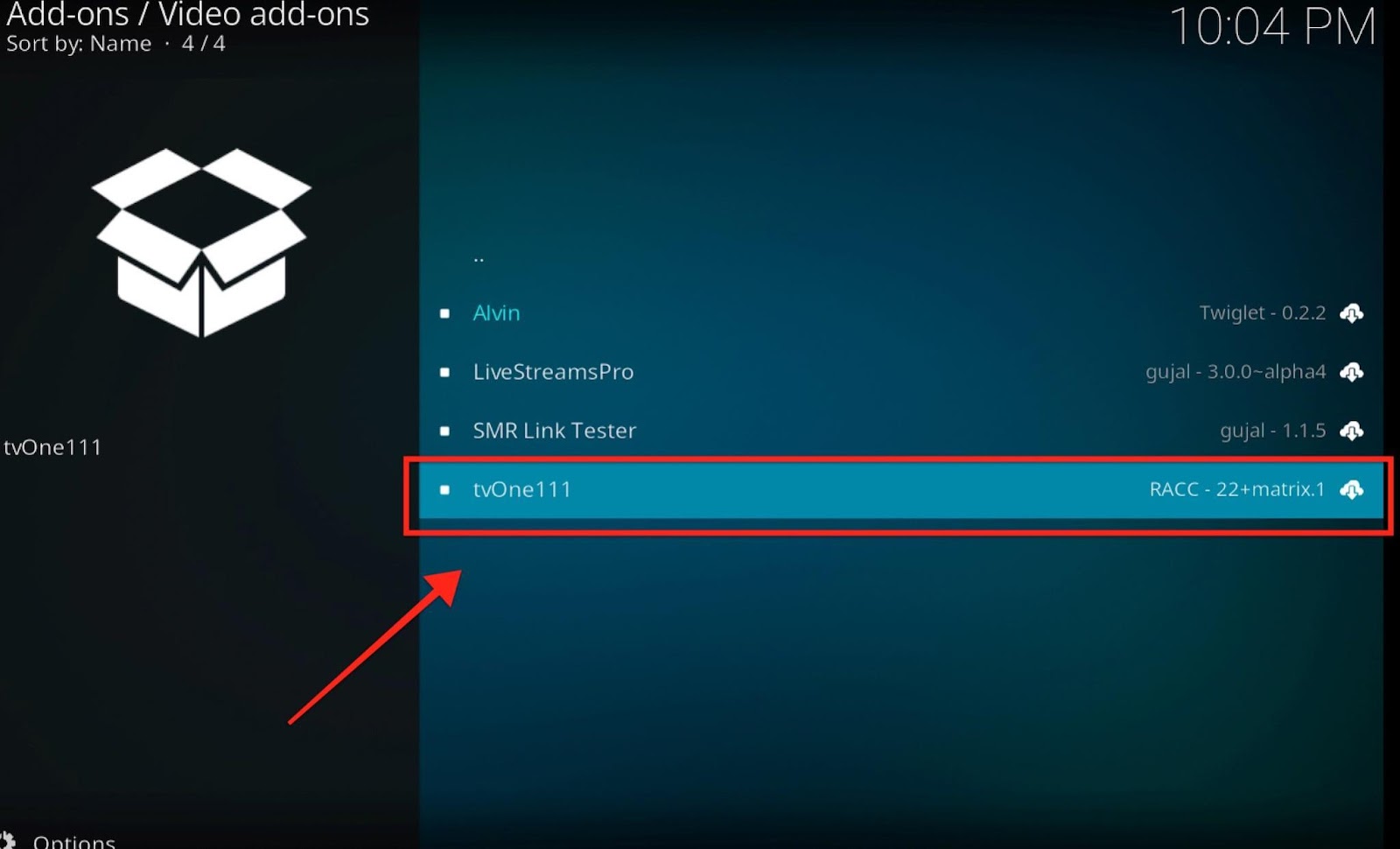 Kodi Video Add-ons screen, tvOne111 highlighted