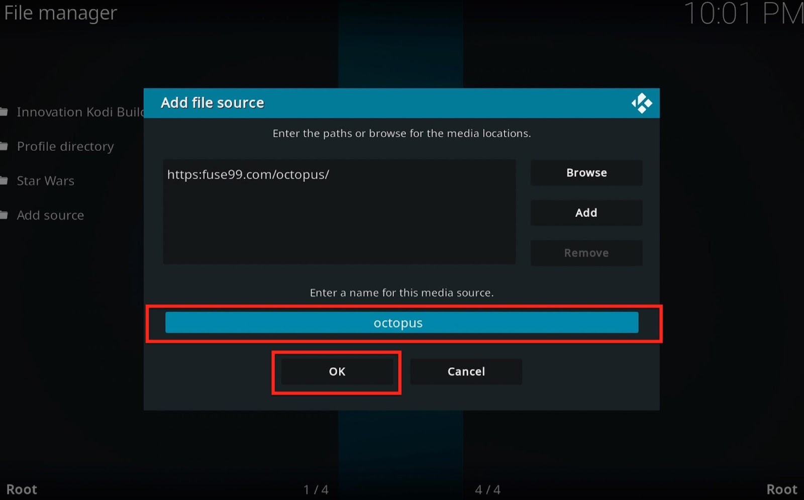 Kodi file manager Enter the name for TVOne media source as octopus