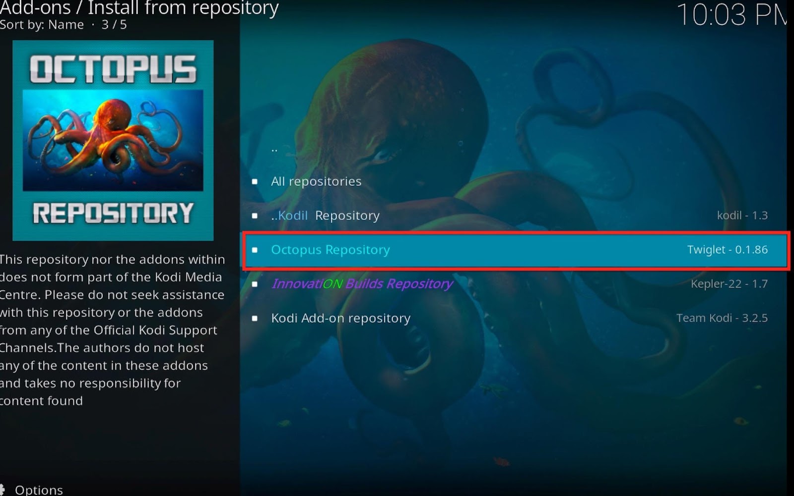 Kodi install from repositories the octopus repository highlighted