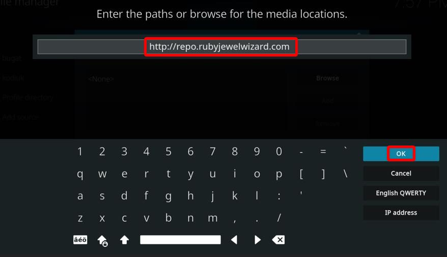 Kodi keypad, enter rubyjewelwizard URL