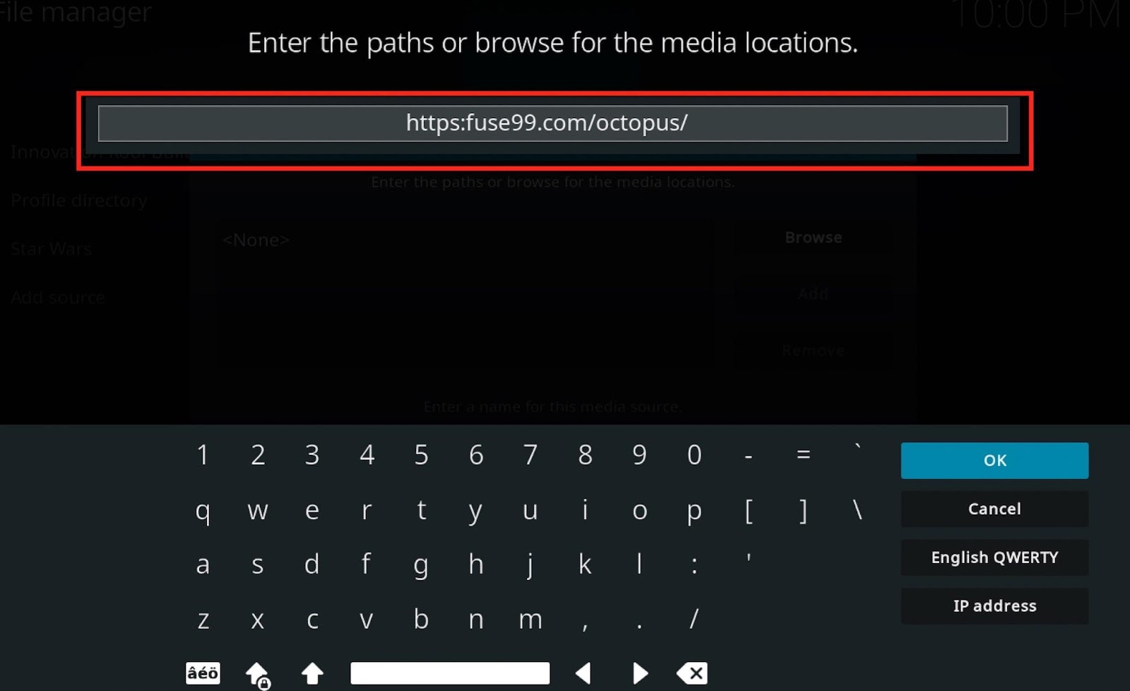 Kodi keypad type the source URL for TVOne addon